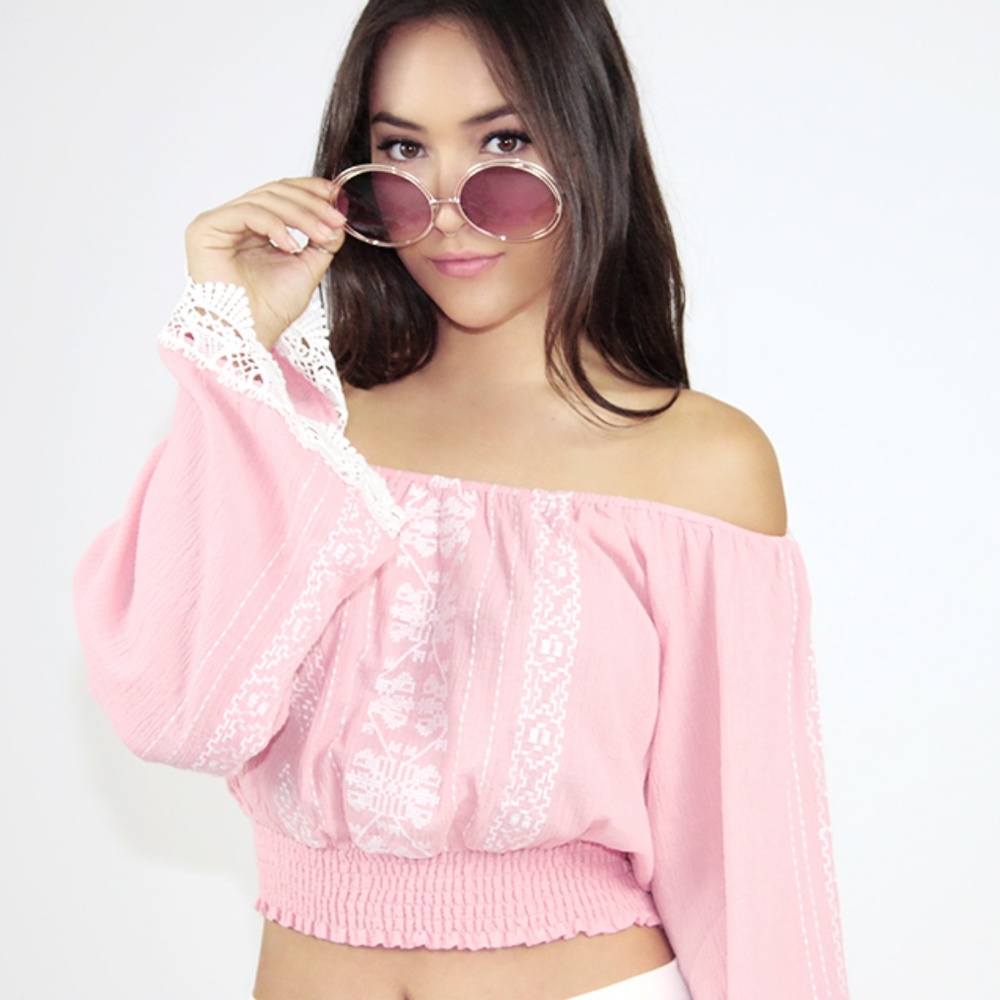 Pink Bohemian Crocheted Bell Sleeve Top (XS)